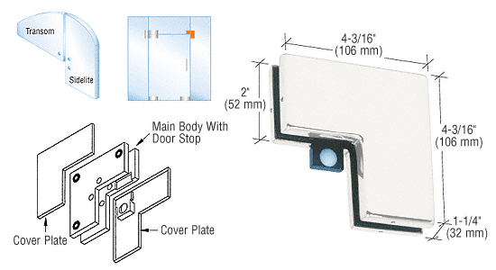 Sidelite Mounted Transom Patch With Reversible Door Stops: Polished Stainless