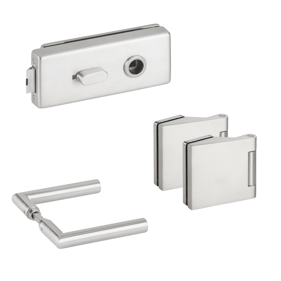 Square Office Door Hardware Set, Toilet Lock, with L-Shaped Lever Handle: Brushed Nickel