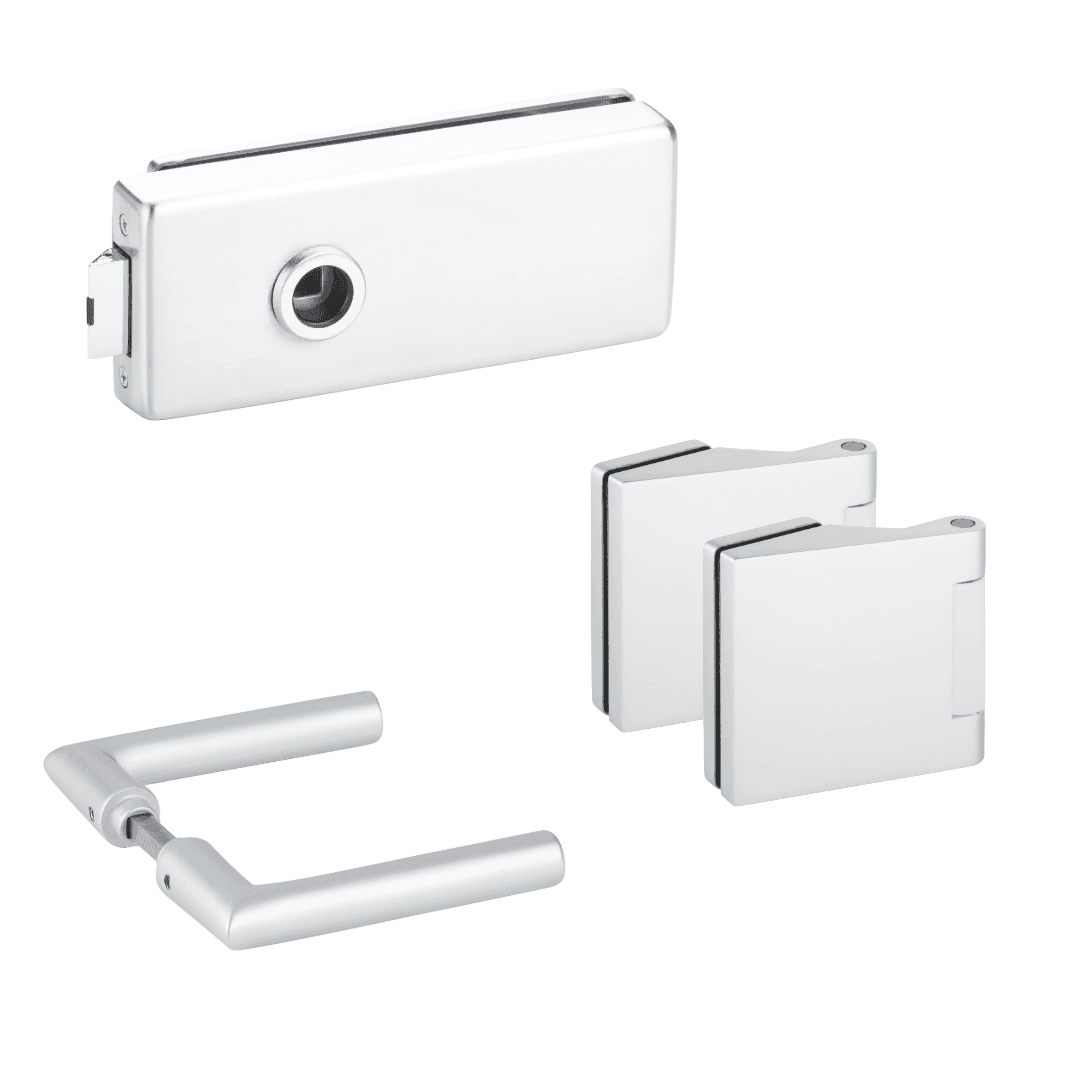 Square Office Door Hardware Set, Unlockable, with L-Shaped Lever Handle: Satin Anodized
