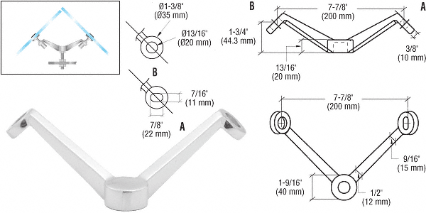 Post or Column Mount Regular Duty 90 Degree "V" Arm Spiders: Polished Stainless