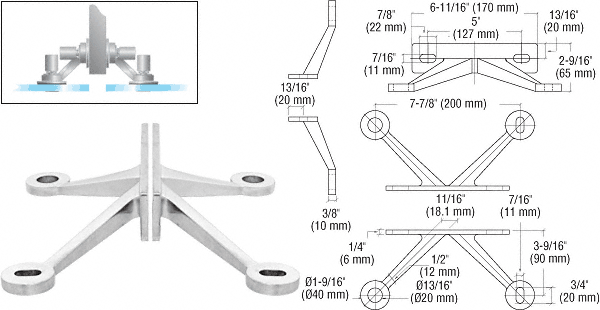 Wall/Fin Mount Frame Regular Duty 4 Arm Spiders: Polished Stainless