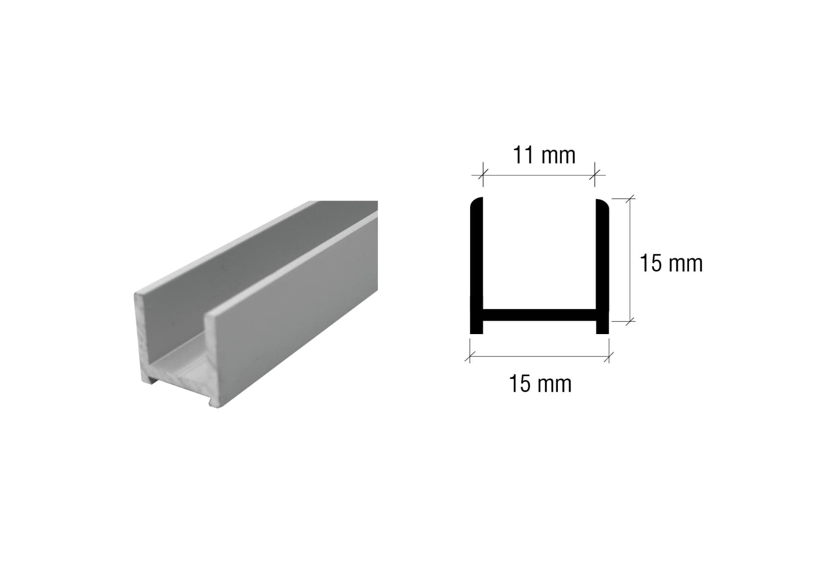 Aluminium U-Profile, 2,5 m, for 8 - 10 mm and 10 - 12 mm Glass: Brite Anodized