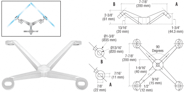 Post or Column Mount Regular Duty 90 Degree 4 Arm Spiders: Polished Stainless