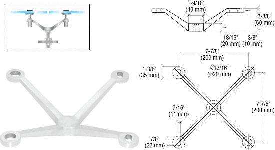 Post or Column Mount Regular Duty 4 Arm Spiders: Polished Stainless