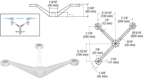 Post or Column Mount Regular Duty 3 Arm Spiders: Polished Stainless