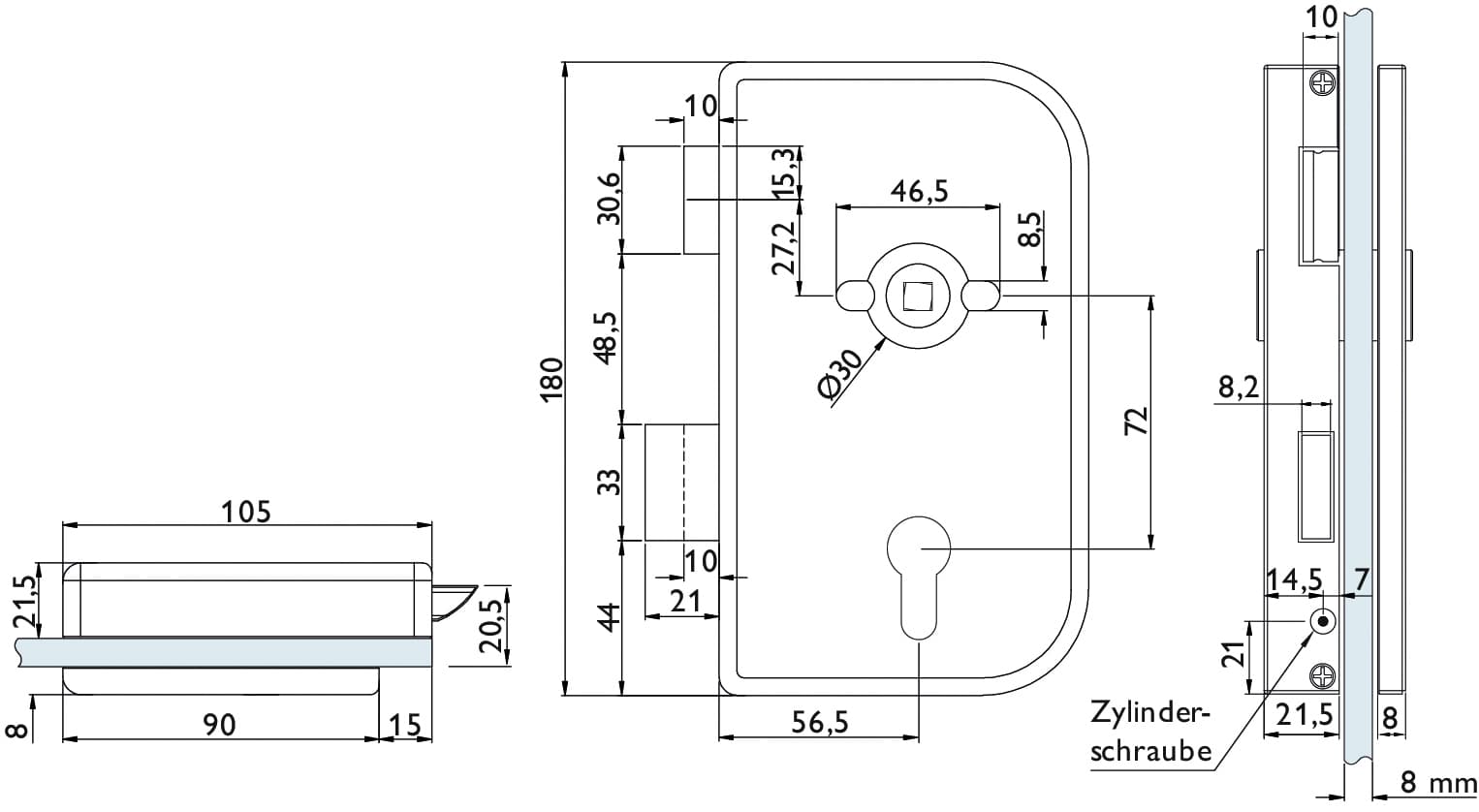 Office Glass Door Lock Case, Euro Cylinder Prep, for Lever Roses: Satin Anodized